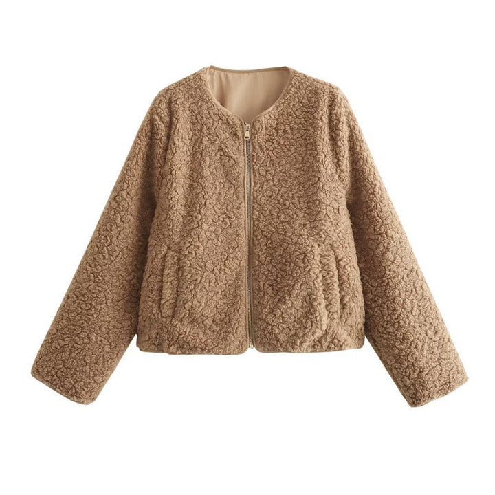 Women's teddy jacket with zipper and side pockets