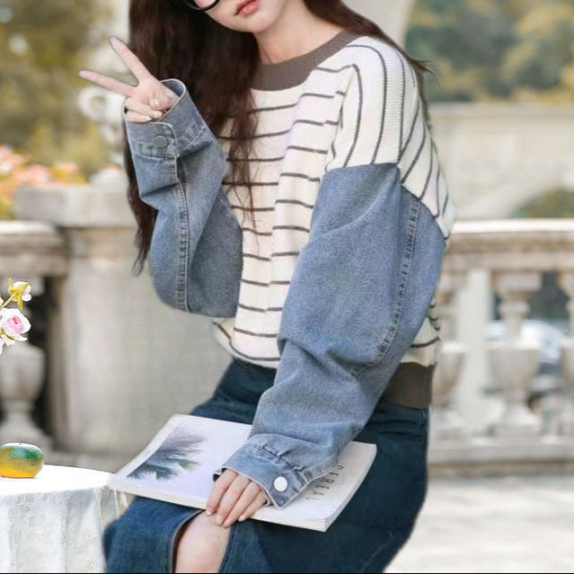 Pull à la mode pour femmes avec manches en denim Chic & Stil