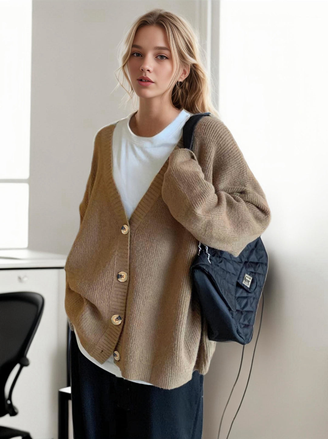 Ladies' oversized knit cardigan with deep V-neck and large buttons Lune London