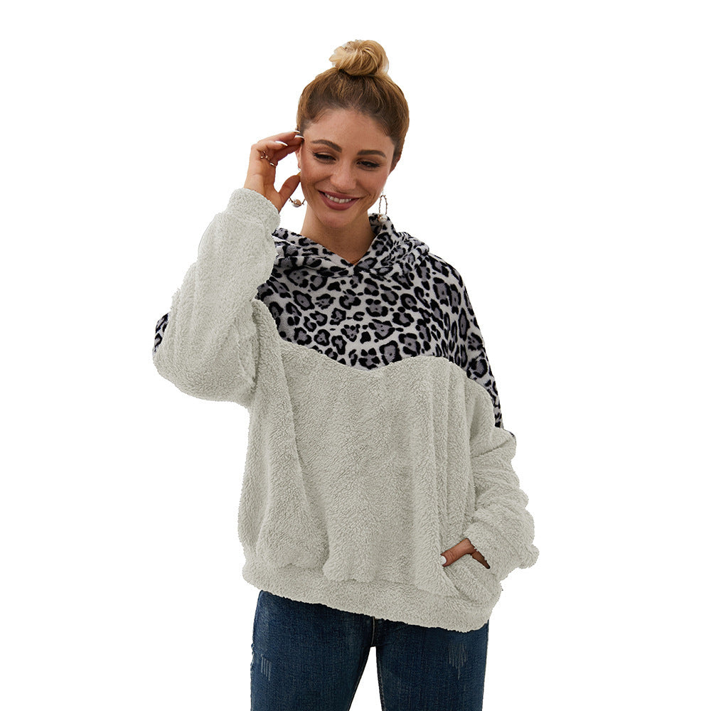 Ladies Comfortable Teddy Sweater with Hood and Chic Leopard Pattern