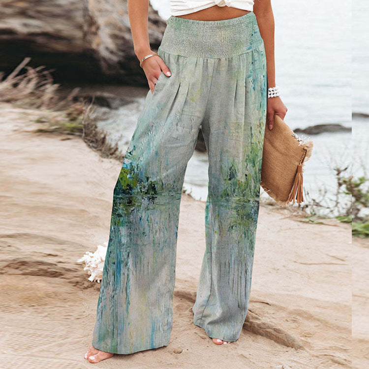 Palazzo pants for women with floral pattern and elastic waist Lune London