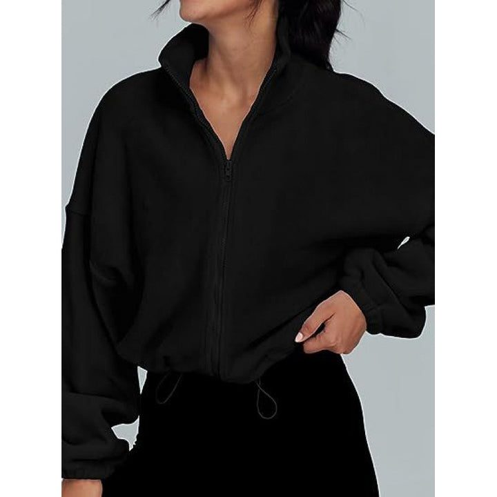 Trendy oversized zip-up pullover for ladies with high collar and drawstring Lune London