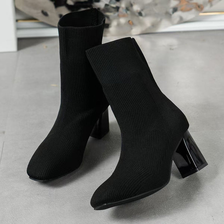 Knit ankle boots for women with transparent block heel and elastic shaft Lune London