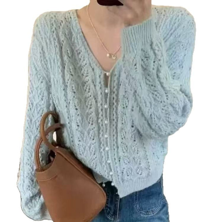 Women's knitted jacket with a delicate lace pattern and button details Lune London