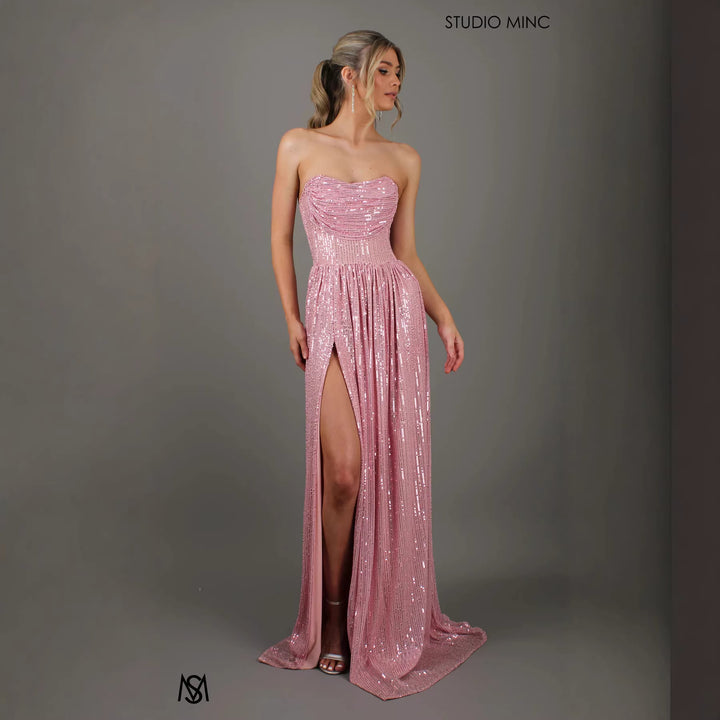 Women Glittering and Strapless Evening Dress with Deep Slit