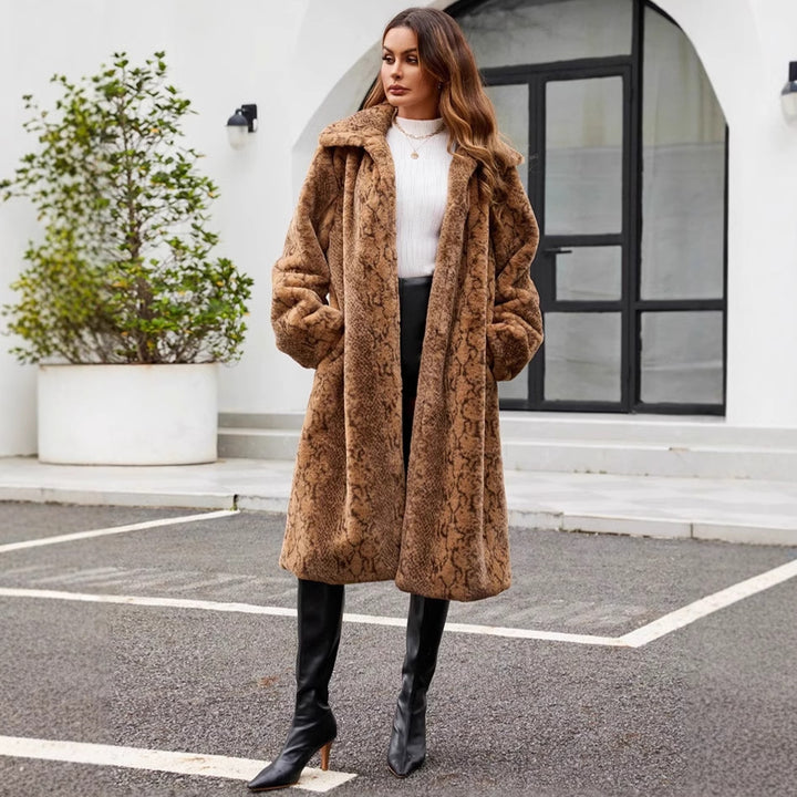 Lune London plush faux fur long blazer for women with a trendy snake pattern
