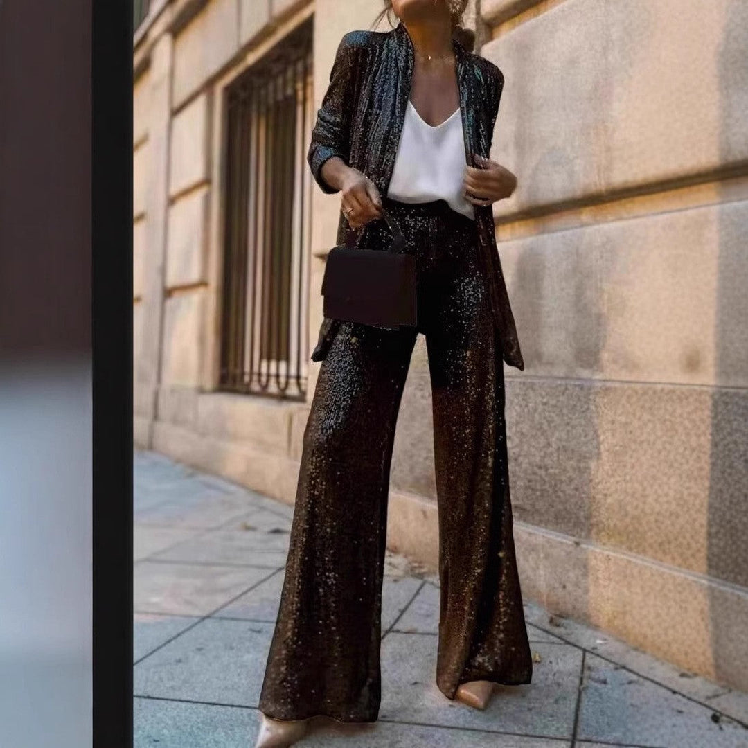 Women Glittering Blazer Suit with Wide Leg and Shimmering Sequins Lune London