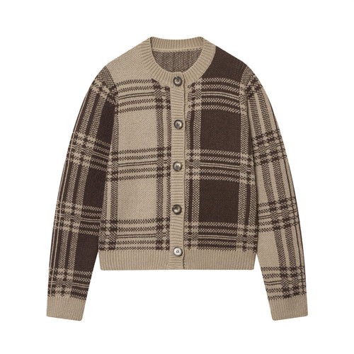 Trendy checked knit pullover for women with button placket and round neck Lune London