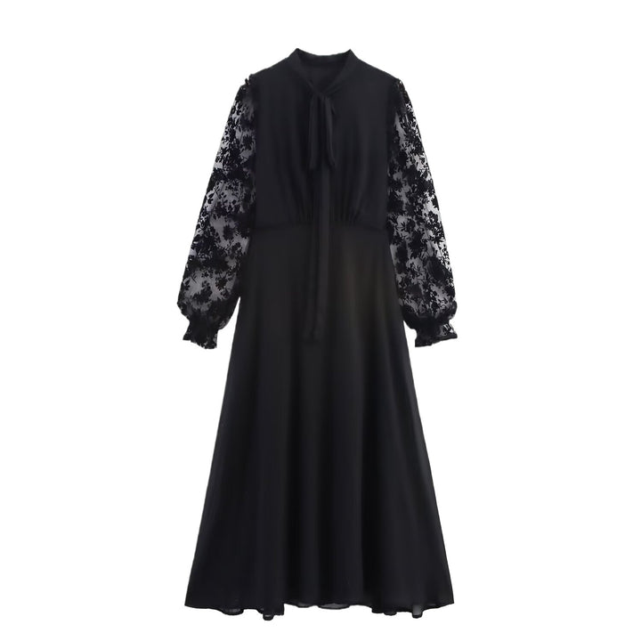Maxi dress for women with floral lace top and elegant tie belt Lune London