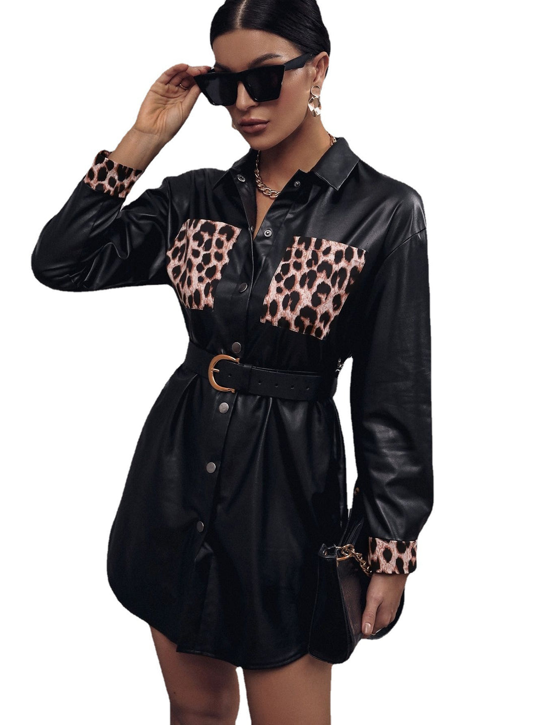 Shirt dress in faux leather for women with animal print and adjustable belt Lune London