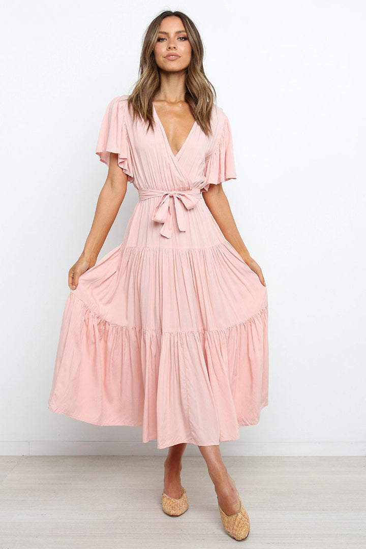Lune London Fluid maxi dress for women with tie-up belt and butterfly sleeves