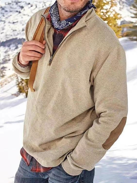 Men's fleece pullover with practical zip opening and trendy leather accents Lune London