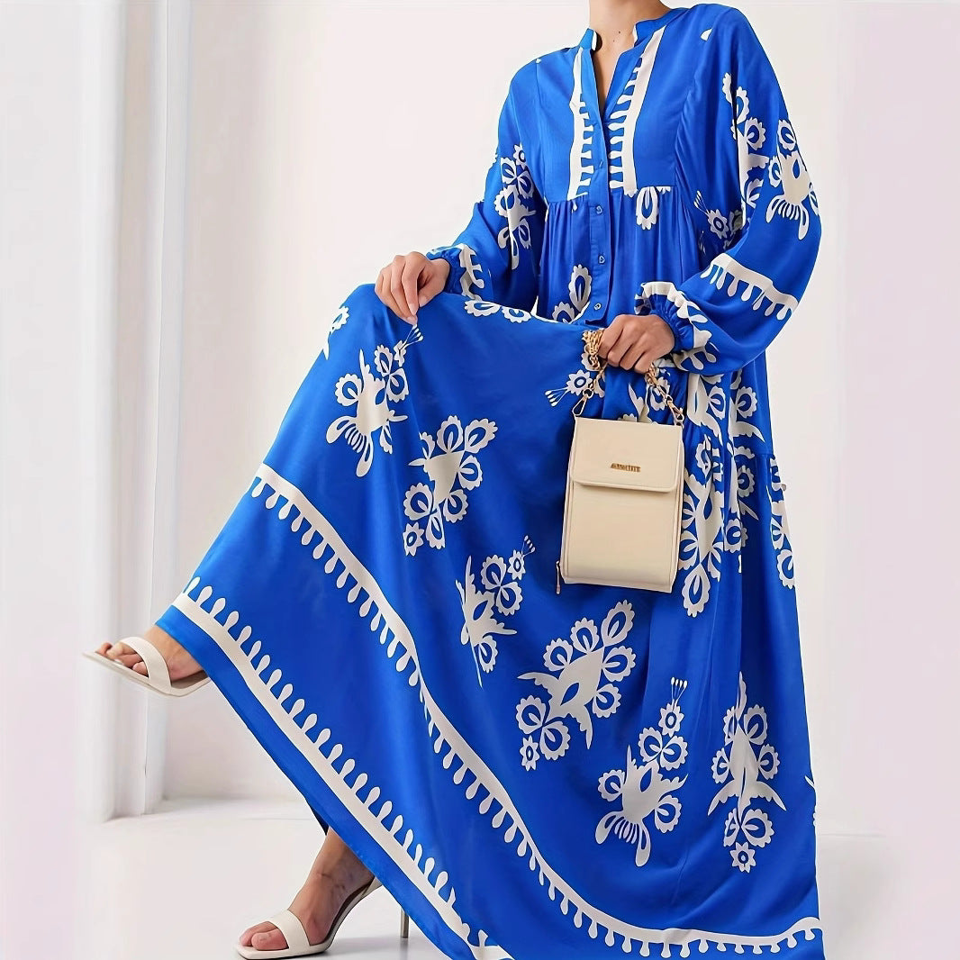Long kaftan dress for women with floral accents and buttons Lune London