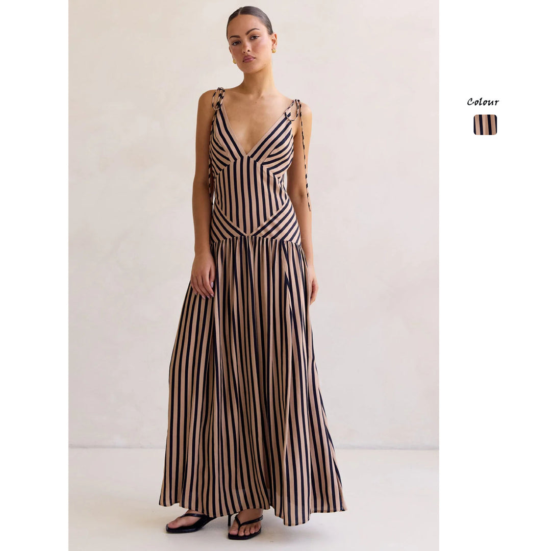 Women's maxi dress with deep V-neckline and elegant striped design