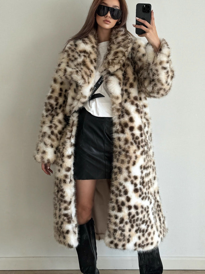 Ladies Elegant Faux Fur Coat with Animal Pattern Lune London
