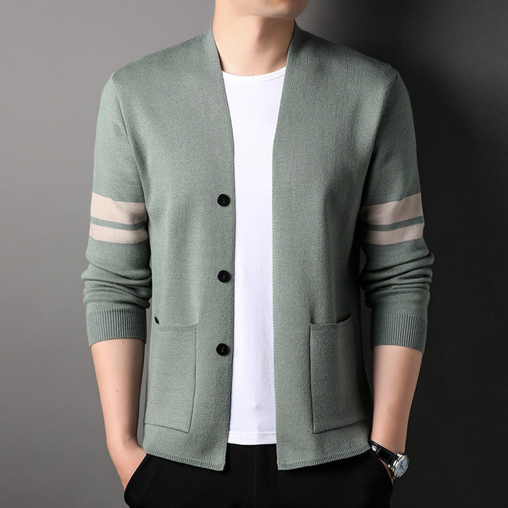 Trendy knit jacket for men with stylish contrasting stripes and practical pockets Lune London