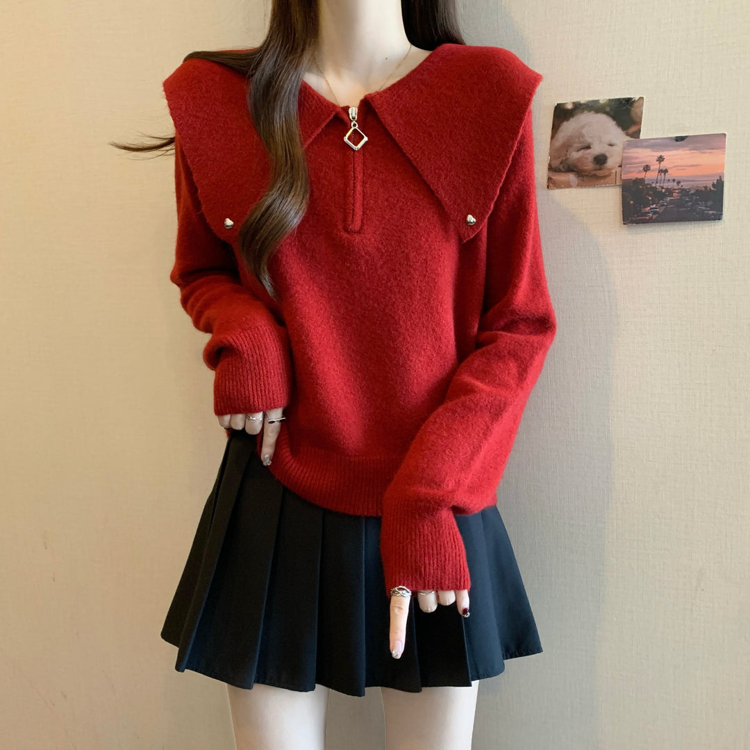 Pull en tricot pour femmes avec col décoratif et fermeture éclair Chic & Stil