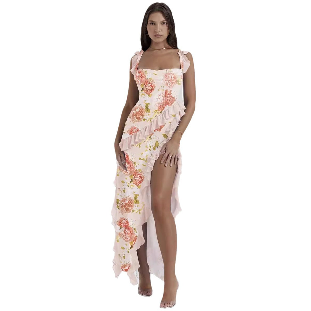 Elegant asymmetrical dress for women with ruffle details and floral pattern Chic & Stil