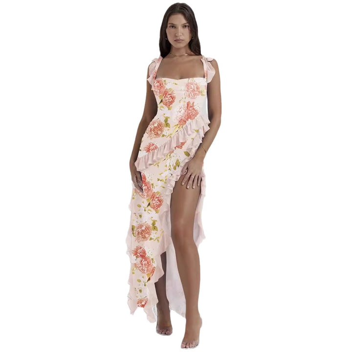 Elegant asymmetrical dress for women with ruffle details and floral pattern Chic & Stil