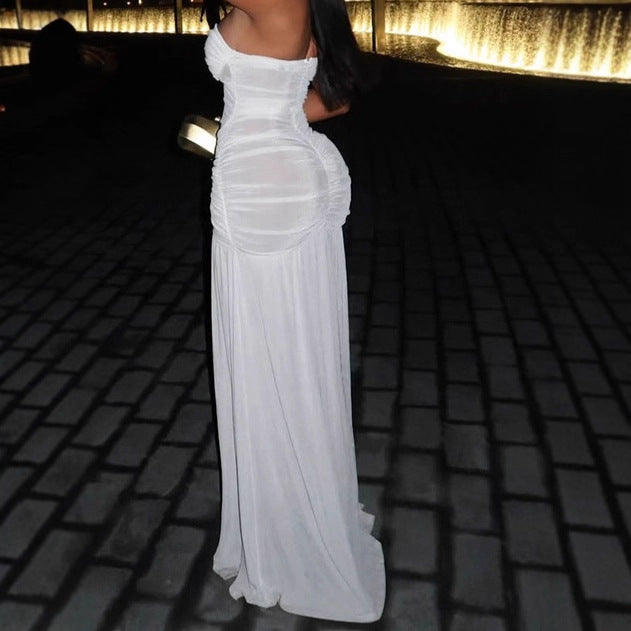 Ladies Elegant Sleeveless Maxi Dress with Ruffle Details and Chic High Split