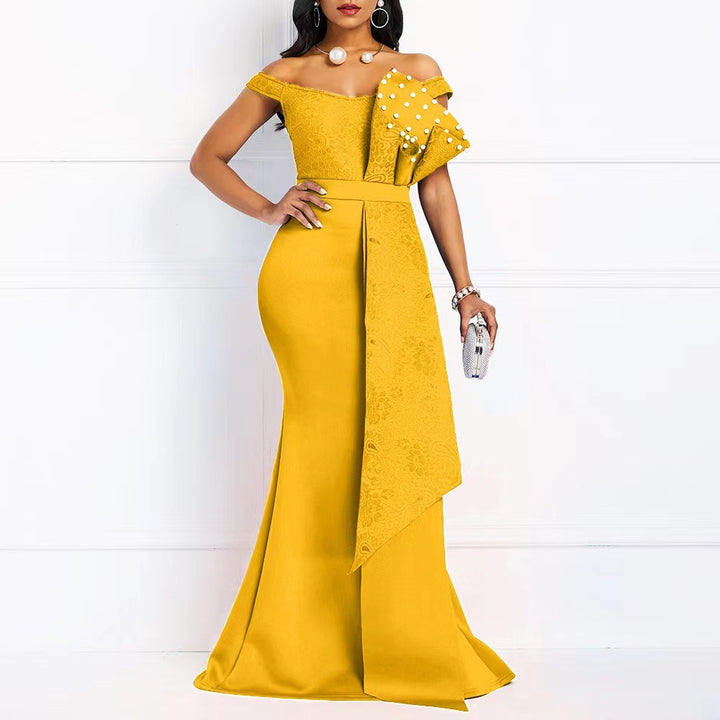 Women's evening maxi dress with off-shoulder design and luxurious lace appliqués Lune London