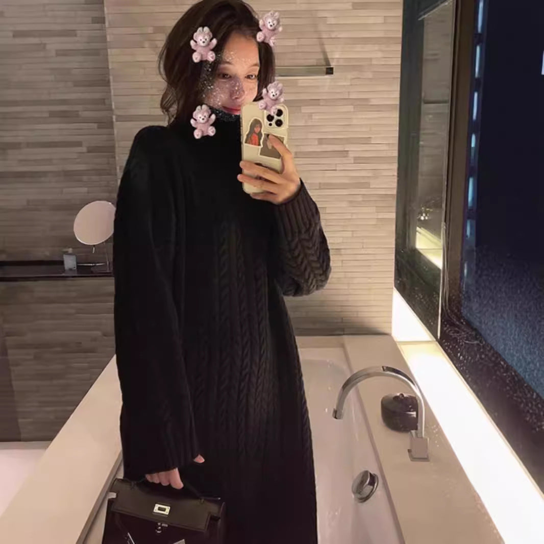 Knit dress for women with high collar and modern cable pattern Lune London