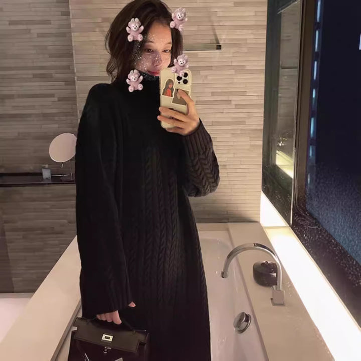 Knit dress for women with high collar and modern cable pattern Lune London