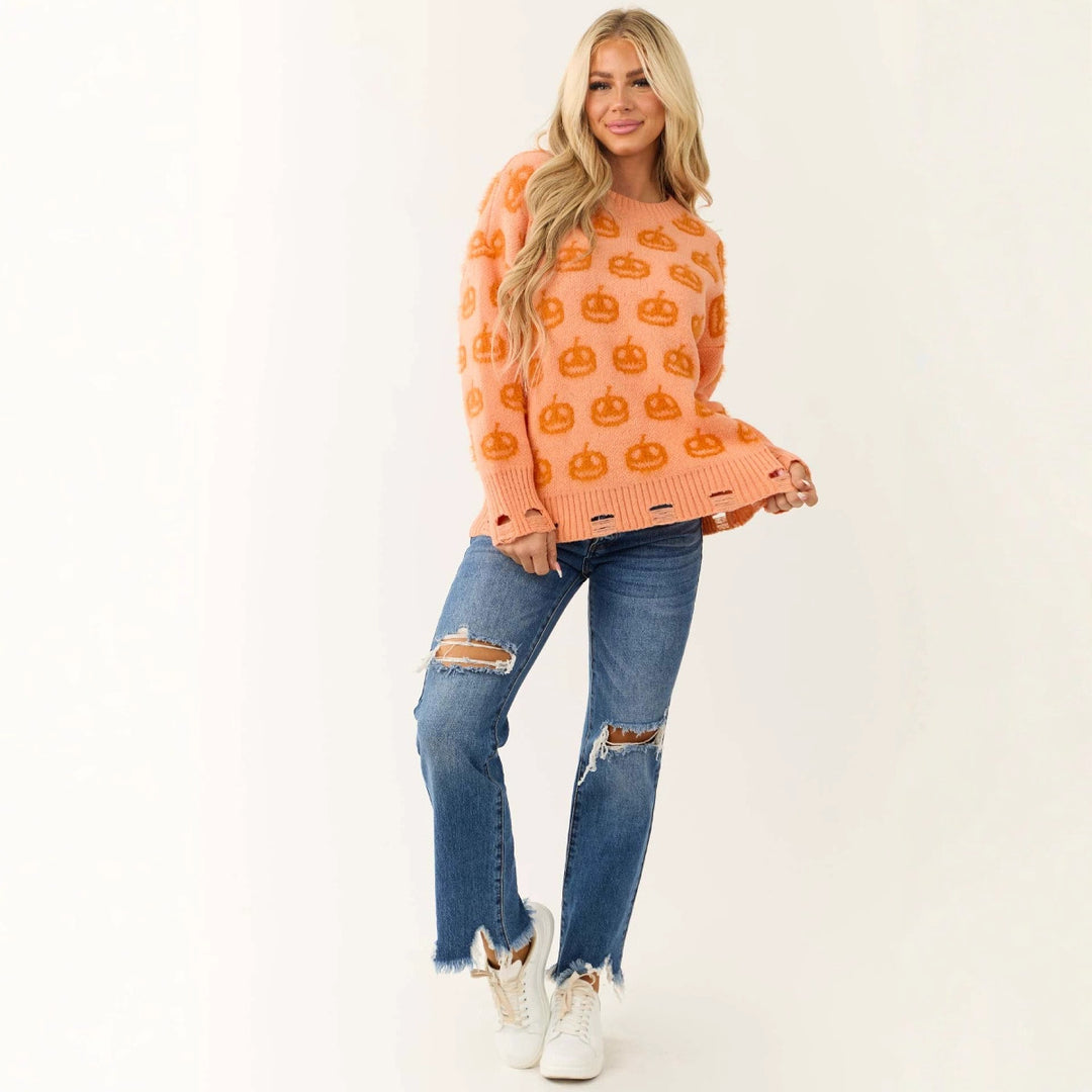 Pull en tricot de haute qualité pour femmes avec motif citrouille d'automne et ourlet élastique Chic & Stil