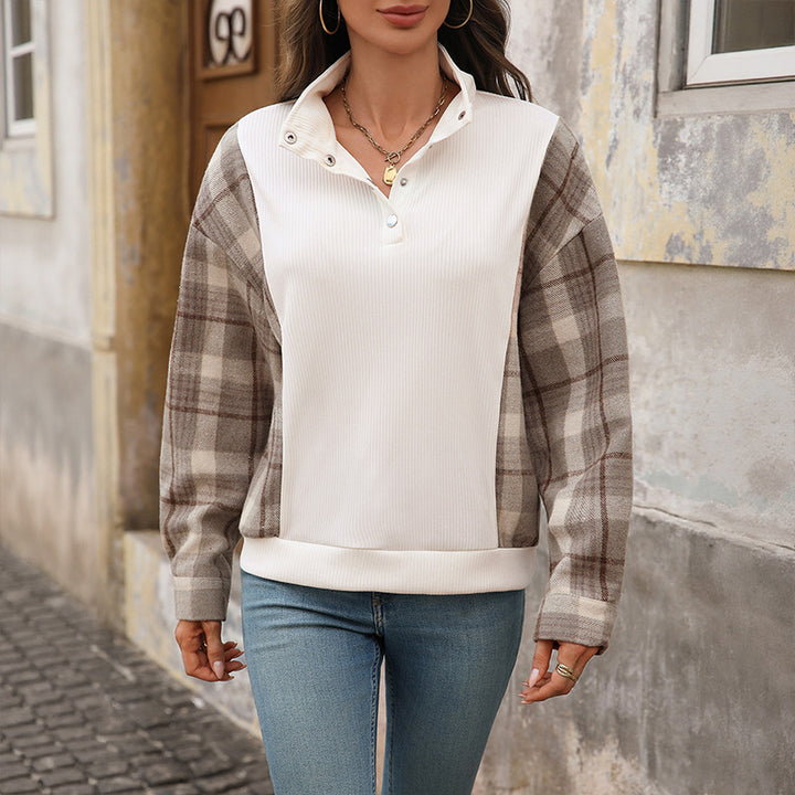 Sweat-shirt féminin à la mode avec motif à carreaux et détails de boutons Chic & Stil