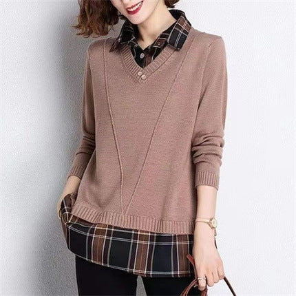 Women's layered knit pullover with V-neck and trendy blouse.