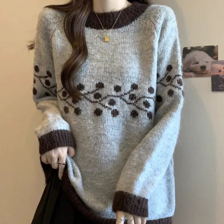 Pull doux en tricot pour femmes avec motif floral et détails en dentelle contrastés
