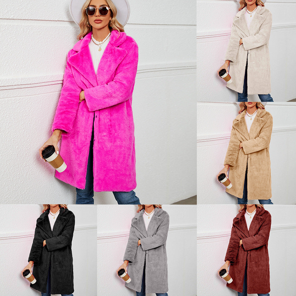 Ladies Long Plush Coat with Elegant Lapel Lune London