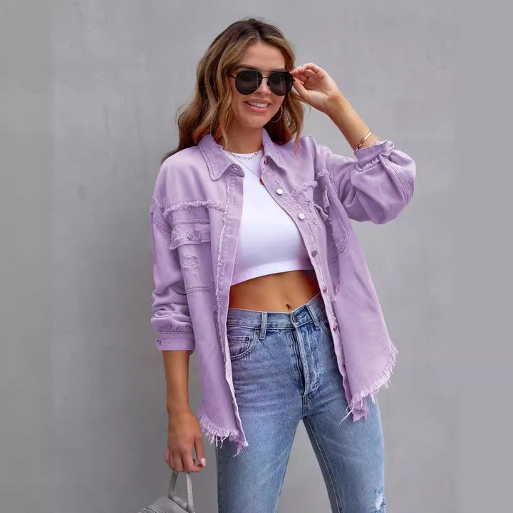 Stylish oversized denim jacket for women with distressed effect Lune London