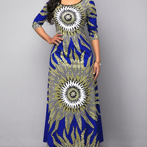 Maxi dress for women with an impressive graphic pattern and a round neck Lune London