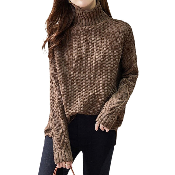Ladies chunky knit sweater with high collar and structured design Lune London