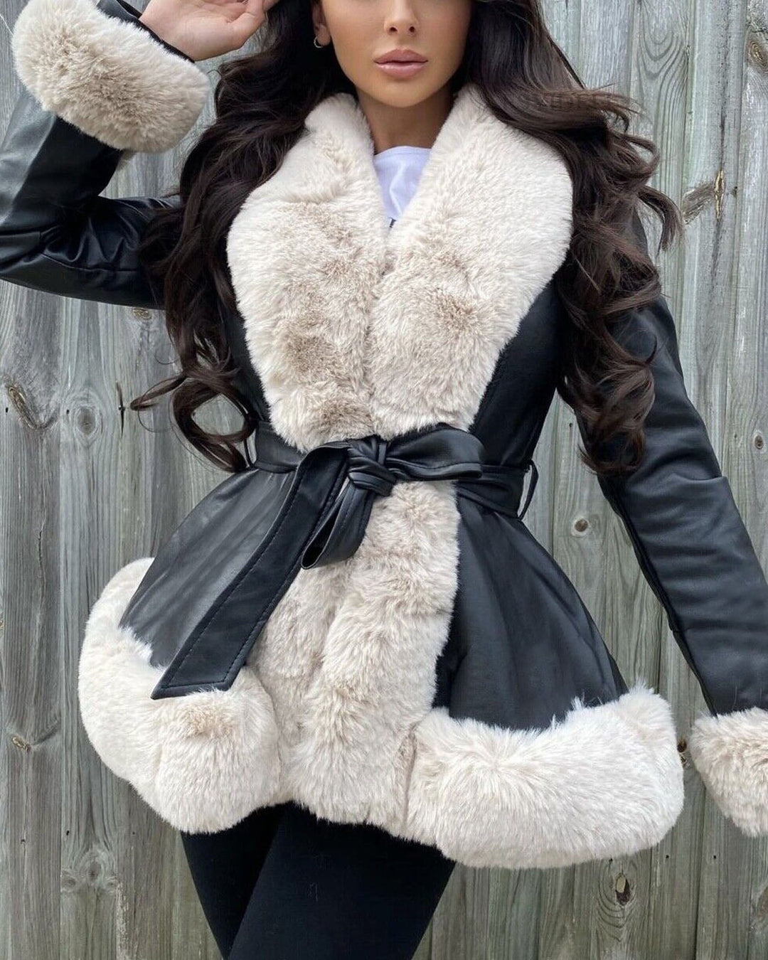 Lune London | Fur Collar Lacing At The Waist Stitched Pu Leather Jacket