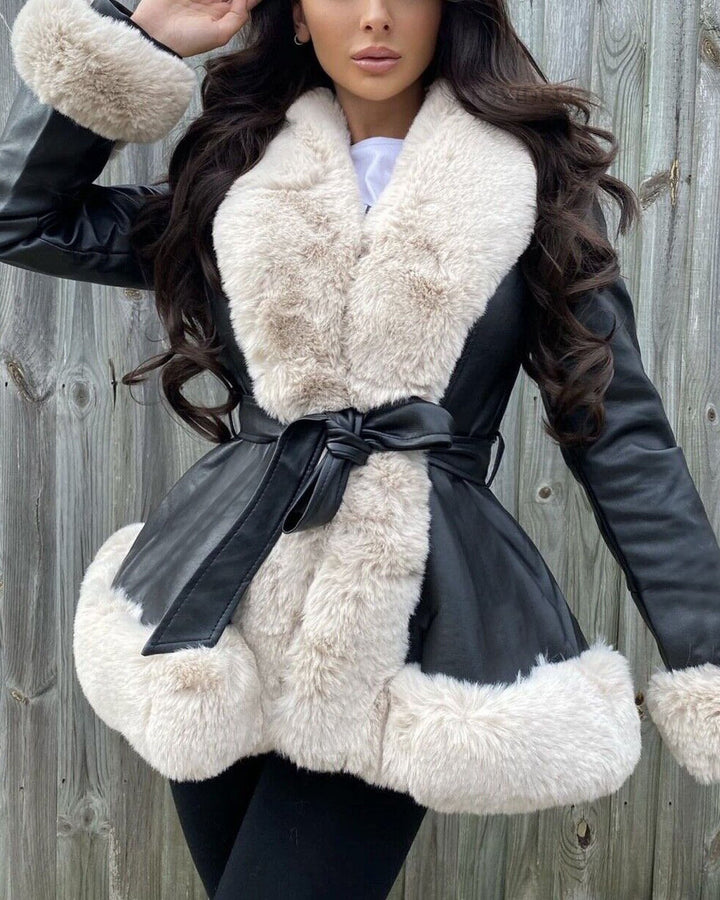 Lune London | Fur Collar Lacing At The Waist Stitched Pu Leather Jacket