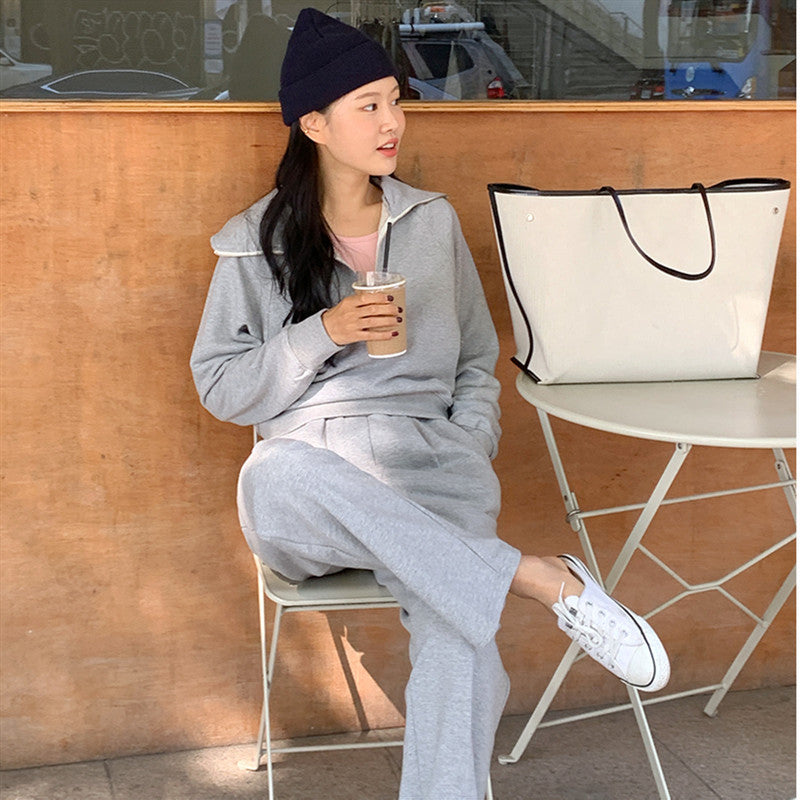 Women's sporty two-piece set with casual collar and wide pants