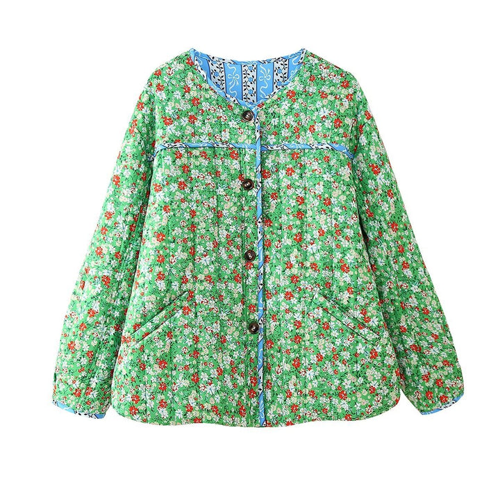 Lady quilted floral jacket with practical pockets and elegant collar Lune London