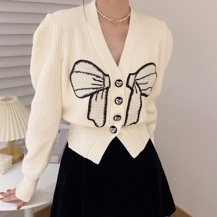 Knit jacket for women with large bow detail Lune London