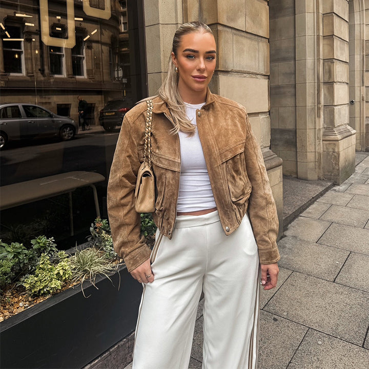Suede jacket for women in a modern cropped style with pockets Lune London