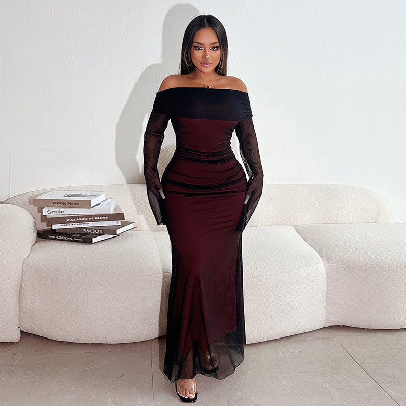 Women's maxi dress with off-the-shoulder top and ruffle details