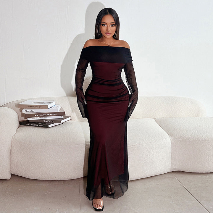 Women's maxi dress with off-the-shoulder top and ruffle details