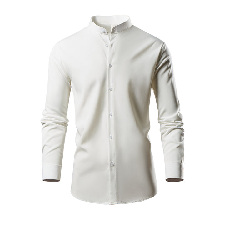 Long sleeve kimono shirt for men with modern stand collar and stylish button details Lune London