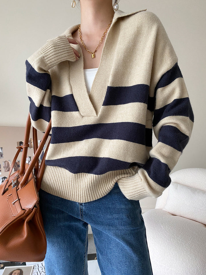 Ladies knit sweater with V-neck and stripes