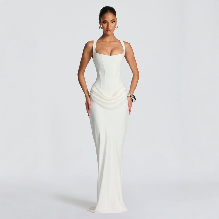 Women Elegant Maxi Dress with Fitted Cut and Deep Neckline Lune London
