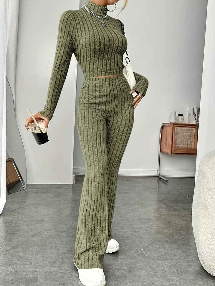 Women Stylish Ribbed Knit Set with 3/4 Sleeves and High Waist Lune London