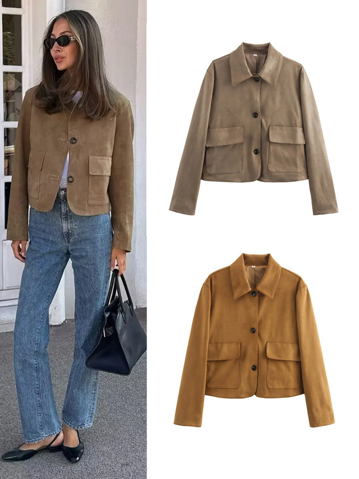 Fashionable short jacket for women in high-quality synthetic suede with practical pockets Lune London
