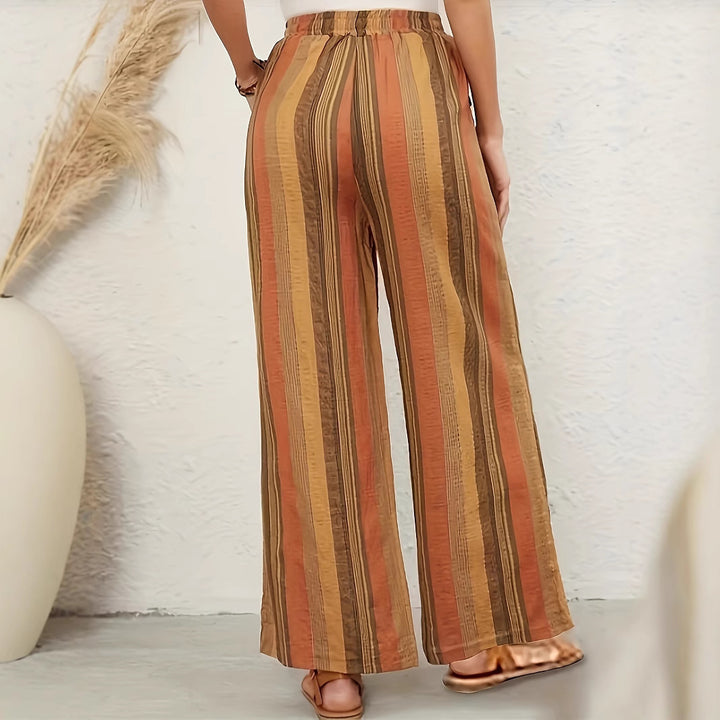 Wide striped pants for women with elastic waist and practical tie belt Lune London