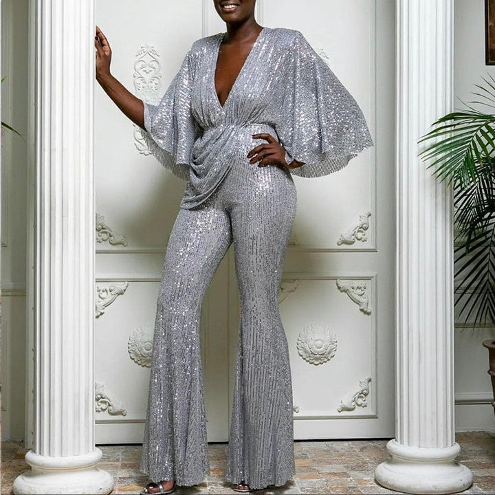 Women Glamorous Jumpsuit with Sparkling Sequins and Wide Leg Lune London